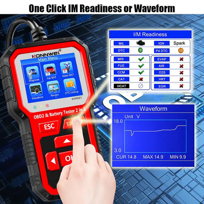 Universeller OBD2-Kfz-Diagnosescanner kombiniert mit Batterietester KW681